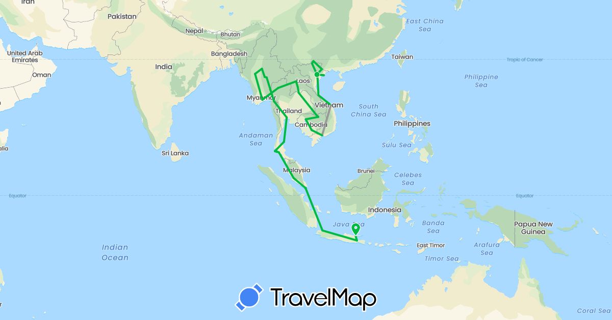 TravelMap itinerary: driving, bus, plane in Indonesia, Cambodia, Laos, Myanmar (Burma), Malaysia, Singapore, Thailand, Vietnam (Asia)